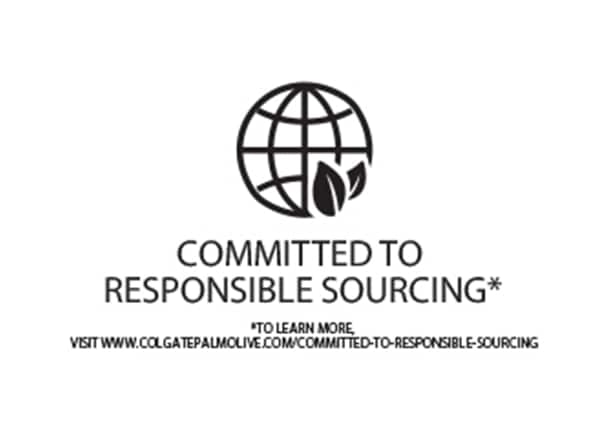 Logotipo negro sobre fondo blanco que muestra un globo terráqueo con dos hojas en la base. Abajo se lee el texto en inglés: 'COMMITTED TO RESPONSIBLE SOURCING' y una nota que invita a visitar su sitio web para más información.