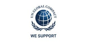 Logotipo del Pacto Mundial de las Naciones Unidas con la inscripción «We Support», un globo terráqueo azul y ramas de olivo sobre fondo blanco.