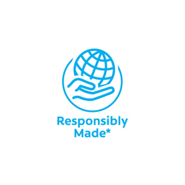 Sello ecológico azul «Responsibly Made», con el símbolo de una mano que sostiene el planeta Tierra sobre un fondo blanco, destinado a productos sostenibles.